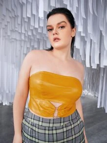 SHEIN ICON Plus Ring Linked PU Leather Tube Top - Mustard Yellow - View 1