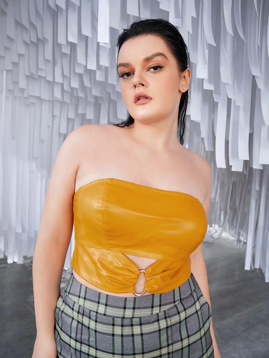 SHEIN ICON Plus Ring Linked PU Leather Tube Top - Mustard Yellow - View 1