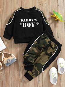 Baby Boy Camo And Letter Graphic Pullover & Joggers - Black - View 1