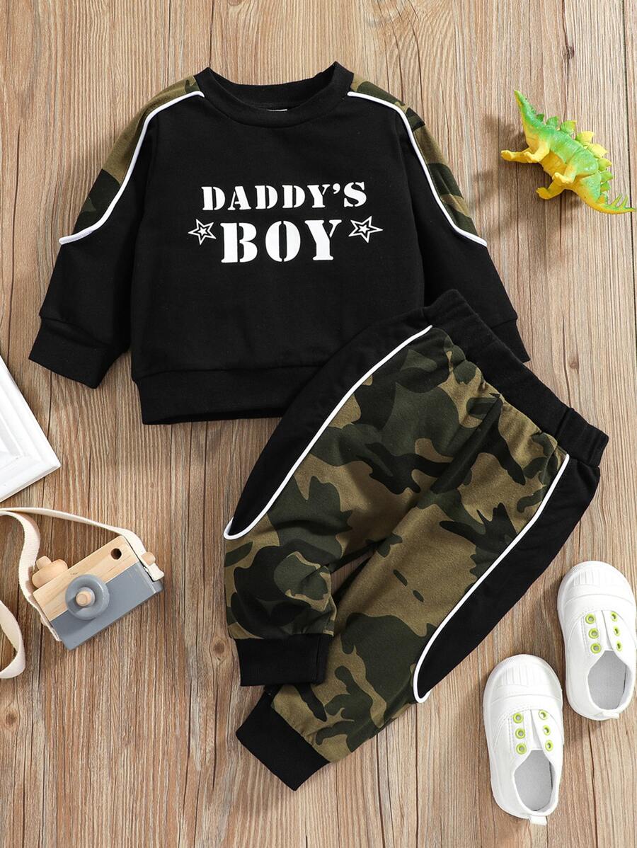 Baby Boy Camo And Letter Graphic Pullover & Joggers - Black - View 1
