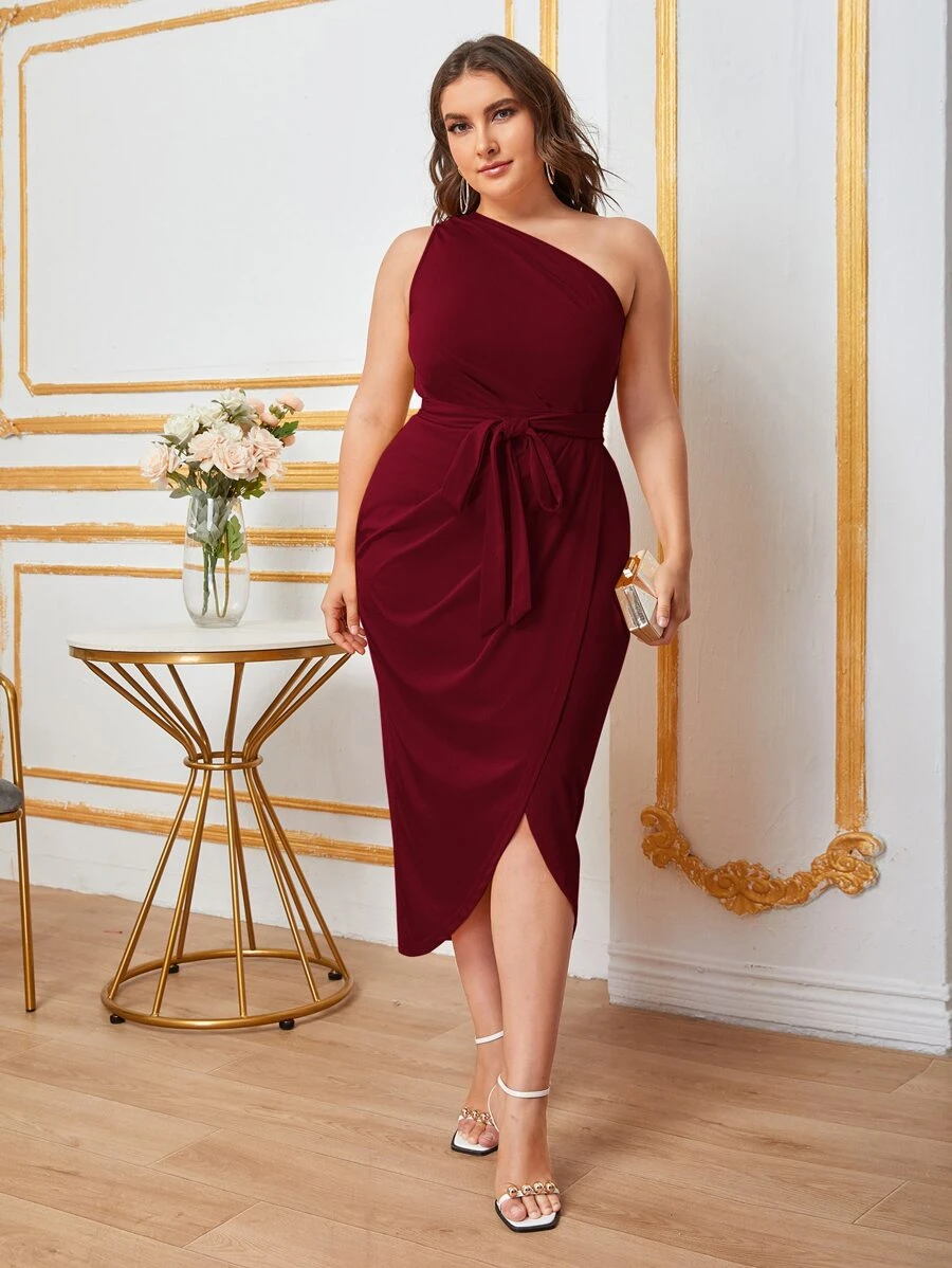 Modelyn Burgundy Red Plus One Shoulder Self Belted Wrap Hem Dress
