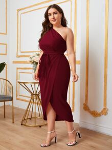 Modelyn Burgundy Red Plus One Shoulder Self Belted Wrap Hem Dress - Burgundy - View 4