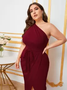 Modelyn Burgundy Red Plus One Shoulder Self Belted Wrap Hem Dress - Burgundy - View 5