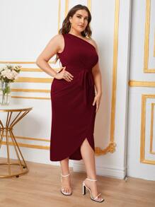 Modelyn Burgundy Red Plus One Shoulder Self Belted Wrap Hem Dress - Burgundy - View 6