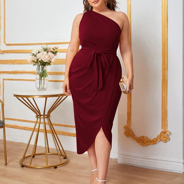 

Plus One Shoulder Self Belted Wrap Hem Dress, Burgundy