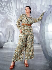 SHEIN Jumpsuits Plus Size Nút phía trước Tất cả trên in Thanh lịch - Nhiều màu - Xem 3