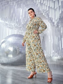 SHEIN Jumpsuits Plus Size Nút phía trước Tất cả trên in Thanh lịch - Nhiều màu - Xem 4