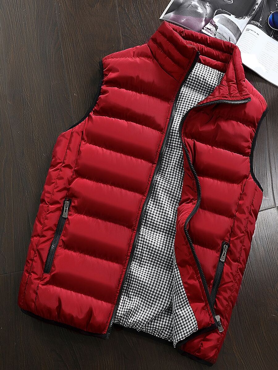 Manfinity Men Gingham Lined Zip Up Vest Jacket - Red - View 1