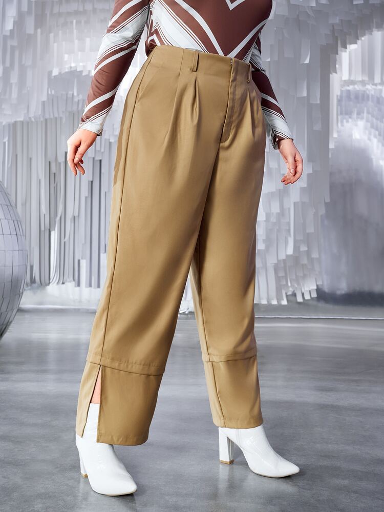 SHEIN Unity Celana Ukuran Plus Kantong Zip Plain Casual - Khaki - View 5