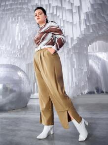 SHEIN Unity Plus Plicated Split Hem Pants - Khaki - View 2