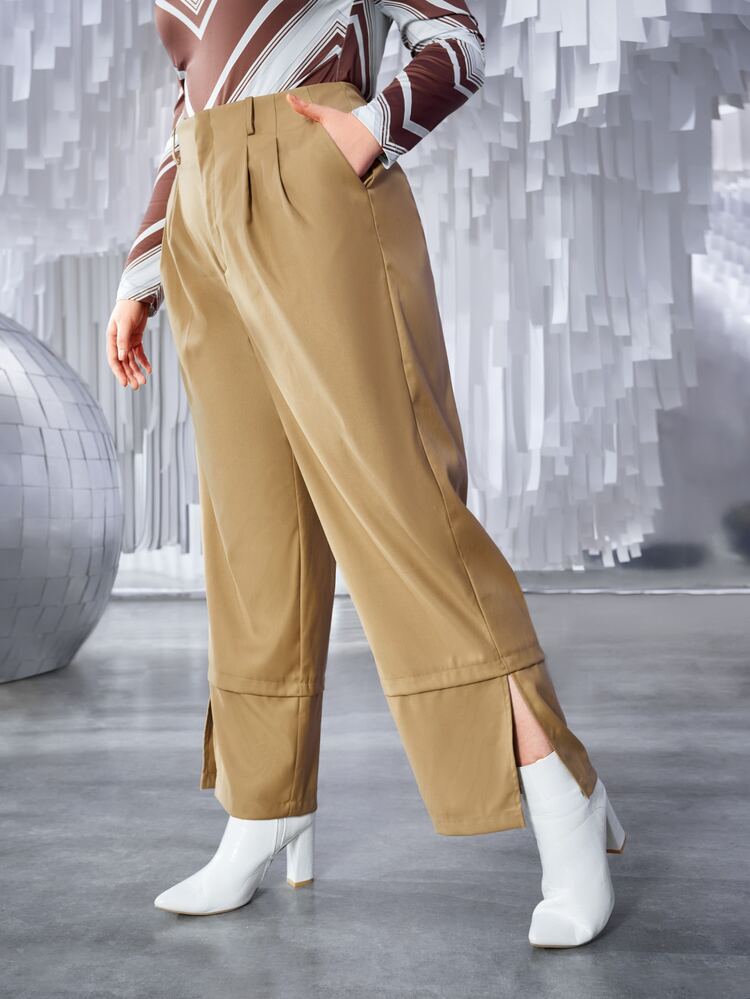 SHEIN Unity Celana Ukuran Plus Kantong Zip Plain Casual - Khaki - View 4