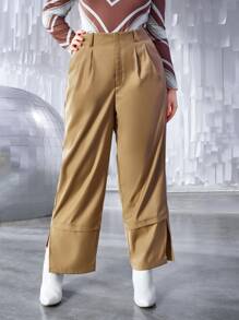 SHEIN Unity Plus Plicated Split Hem Pants - Khaki - View 1