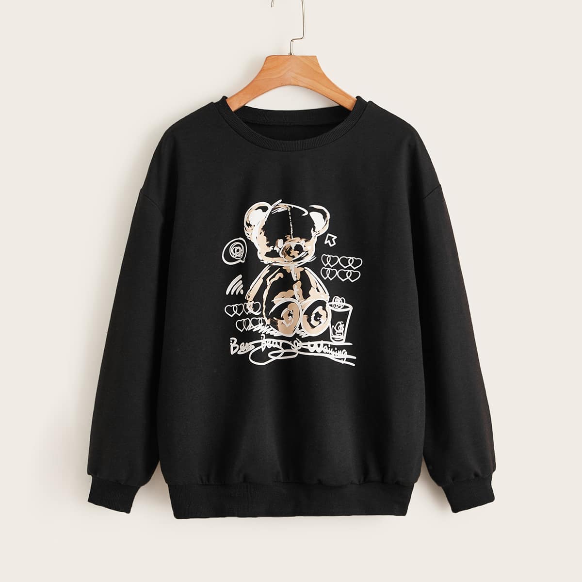 

Letter Cartoon Bear Graphic Sweatshirt, Black