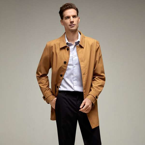 

Men Slant Pocket Button Through Trench Coat, Khaki