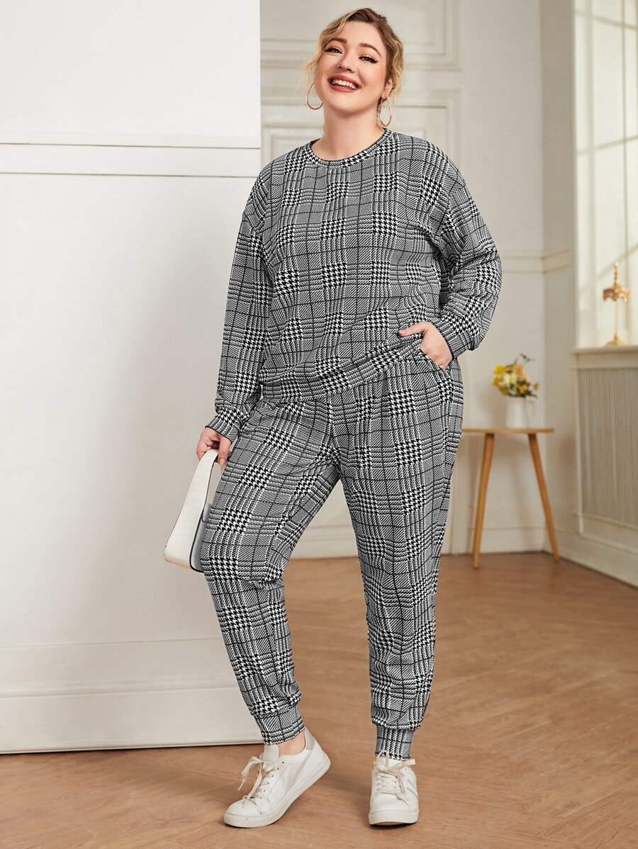 Mulvari Plus Plaid Drop Shoulder Pullover & Sweatpants