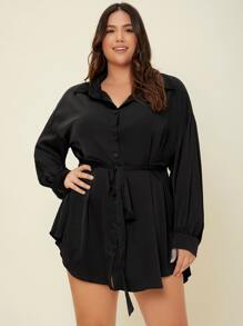 SHEIN Essnce Plus Drop Shoulder Belted Longline Blouse - Black - View 2