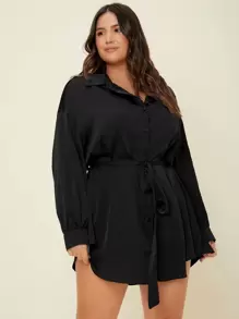 SHEIN Essnce Plus Drop Shoulder Belted Longline Blouse - Black - View 4