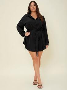 SHEIN Essnce Plus Drop Shoulder Belted Longline Blouse - Black - View 5