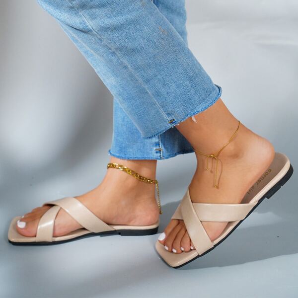 

Minimalist Cross Strap Slide Sandals, Apricot