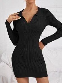 SHEIN Essnce 秋冬V领罗纹针织毛衣裙