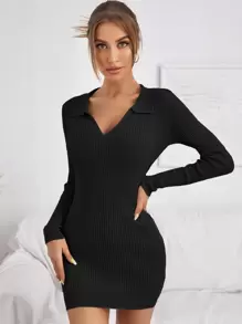 SHEIN Essnce 秋冬V领罗纹针织毛衣裙