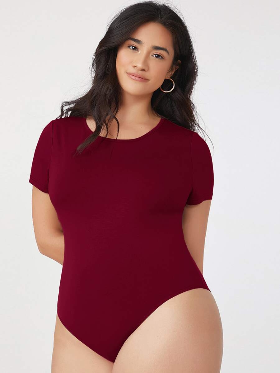 SHEIN BASICS Plus Form Fitted Bodysuit - Burgundy - View 1