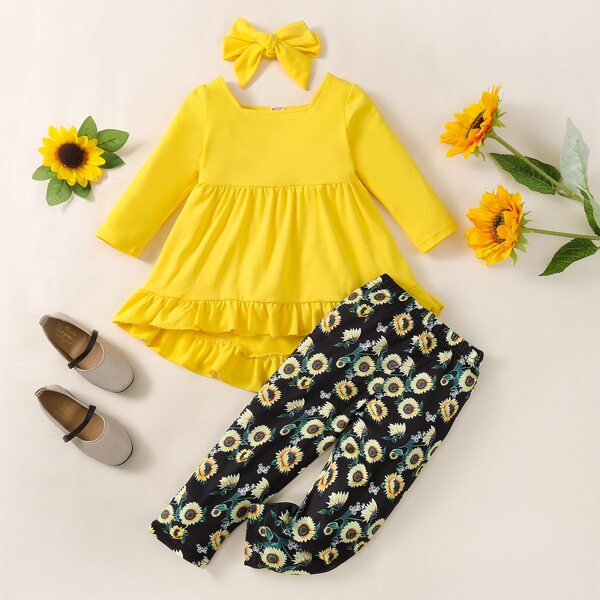 

Baby Solid Ruffle Hem Tee & Sunflower Leggings & Headband, Multicolor