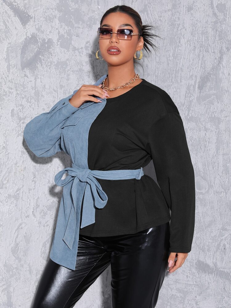 Plus Color Block Drop Shoulder Belted Asymmetrical Top - Multicolor - View 4