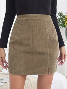 Falda ajustada de pana tejido de canalé bajo con abertura - Marrón Mocha - Ver 1