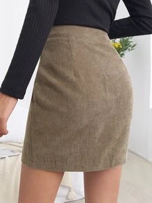 Falda ajustada de pana tejido de canalé bajo con abertura - Marrón Mocha - Ver 2