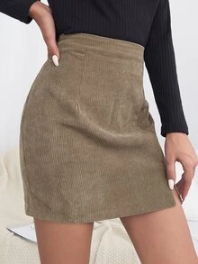 Falda ajustada de pana tejido de canalé bajo con abertura - Marrón Mocha - Ver 5