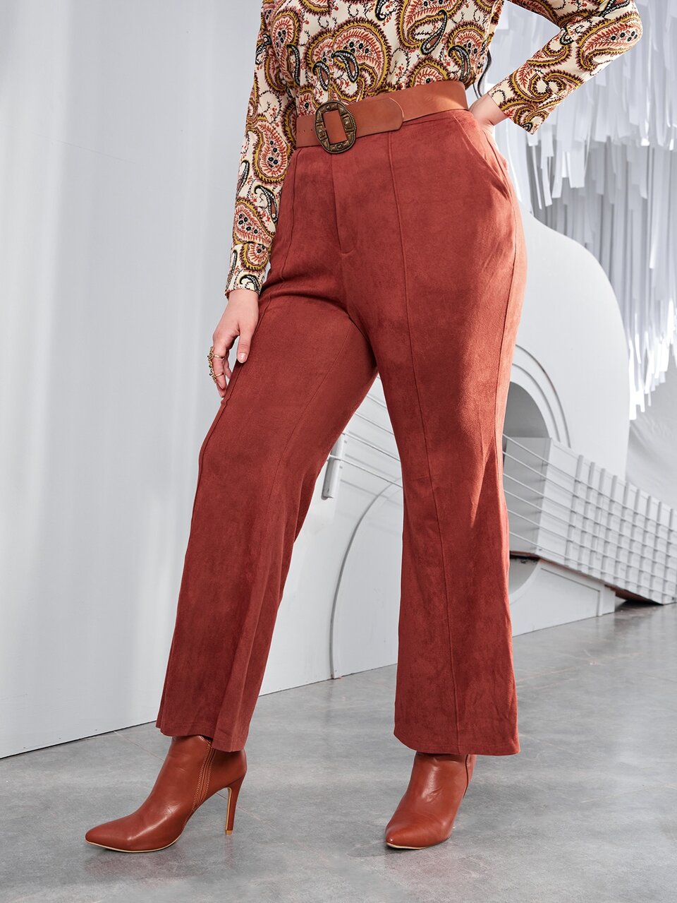 Plus Seam Front Suedette Flare Leg Pants Without Belt