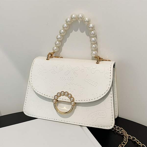 

Faux Pearl Decor Textured Flap Square Bag, Beige