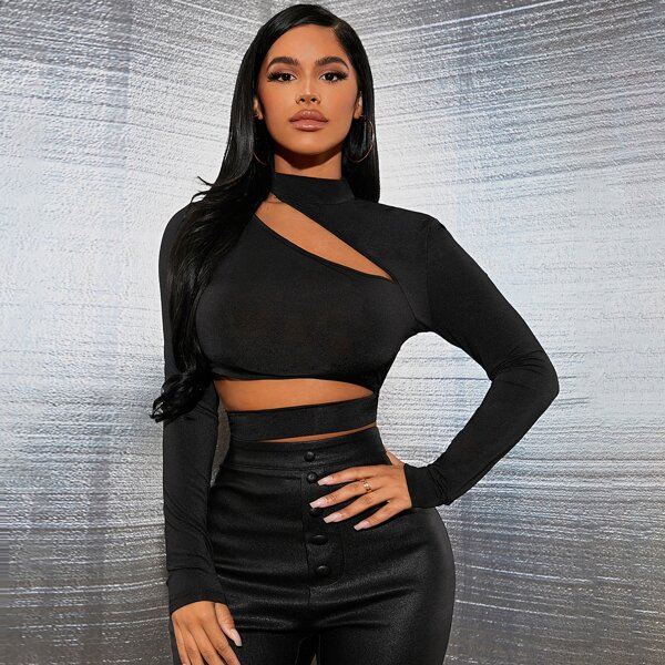 

Solid Stand Collar Cut Out Tee, Black