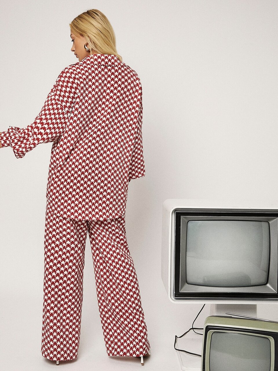 Houndstooth Blouse & Wide Leg Pants Set