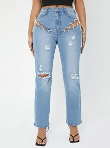 SHEIN Ripped Lace Up Straight Leg Jeans - Light Wash - View 1