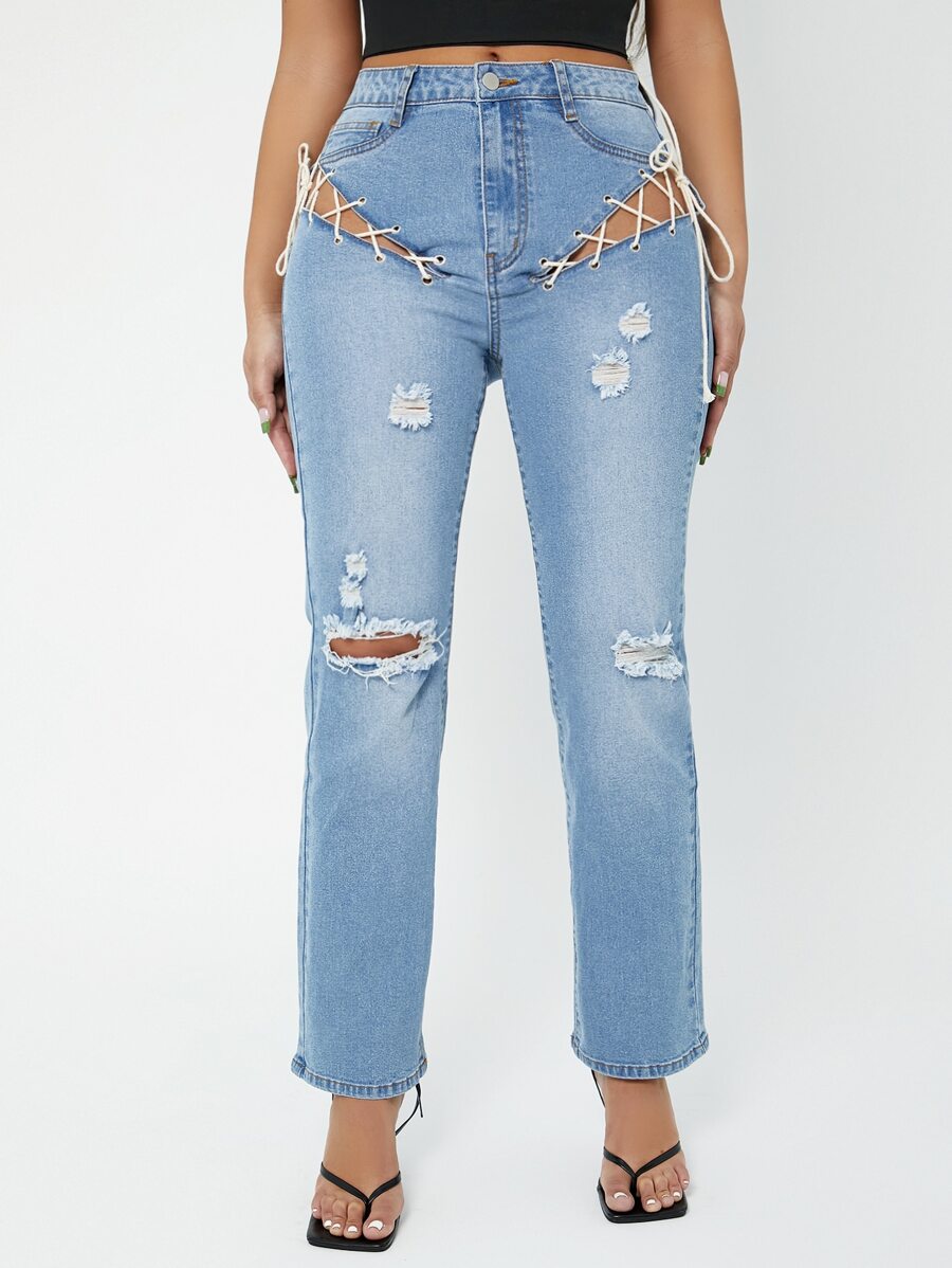 SHEIN Ripped Lace Up Straight Leg Jeans - Light Wash - View 1
