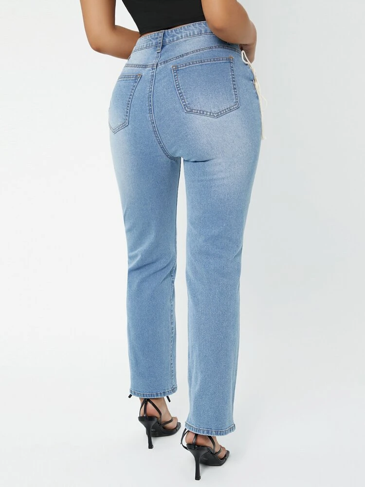 Ripped Lace Up Straight Leg Jeans