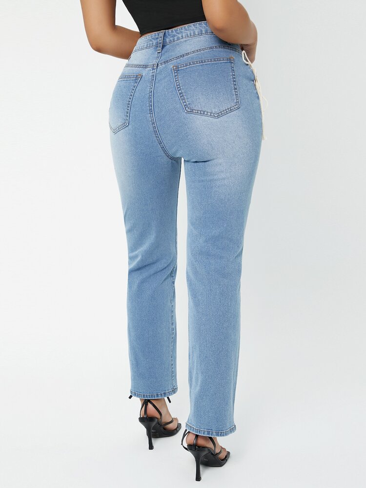 SHEIN Ripped Lace Up Straight Leg Jeans - Light Wash - View 2