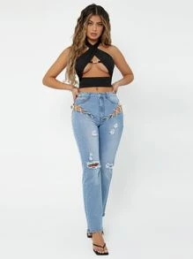 SHEIN Ripped Lace Up Straight Leg Jeans - Light Wash - View 4
