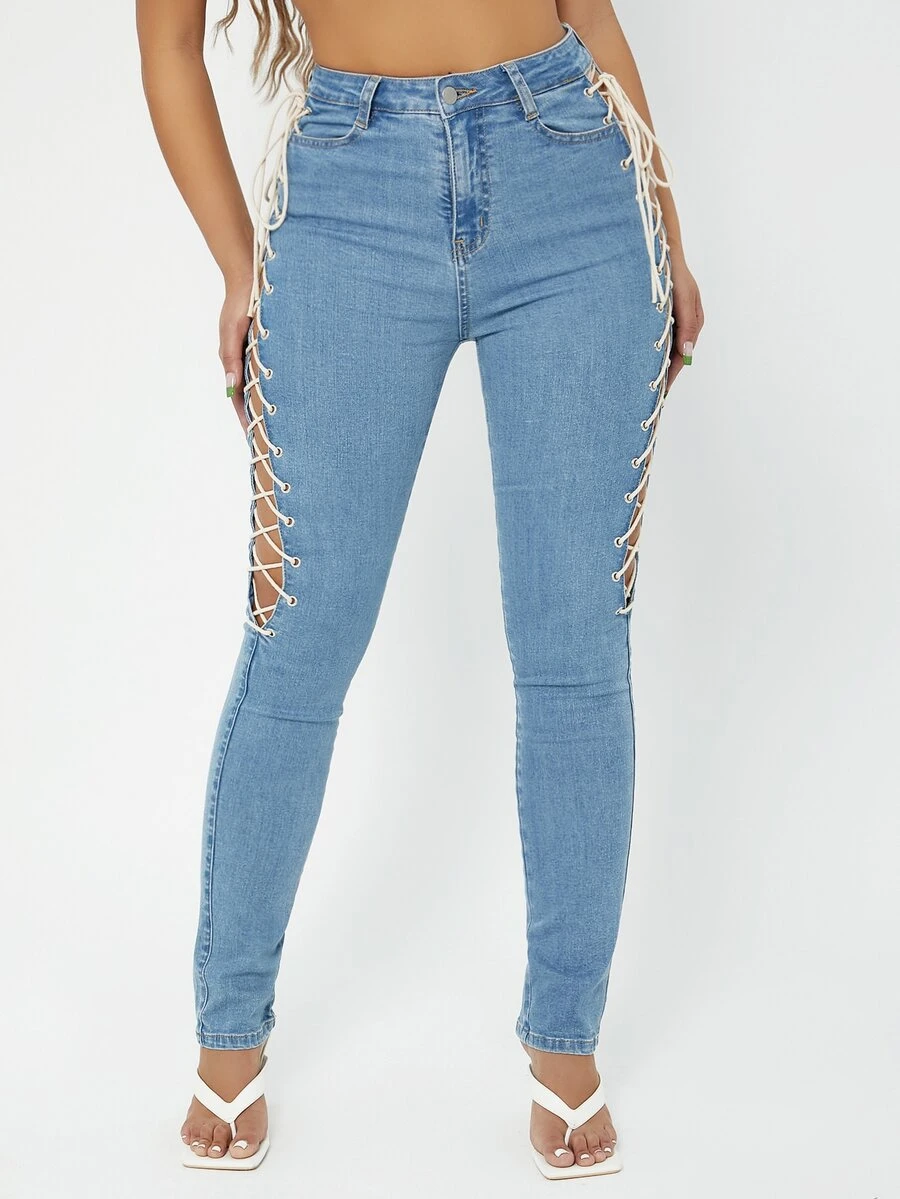 SHEIN SXY Jeans de talle alto con cordón lateral - Lavado ligero - Ver 1