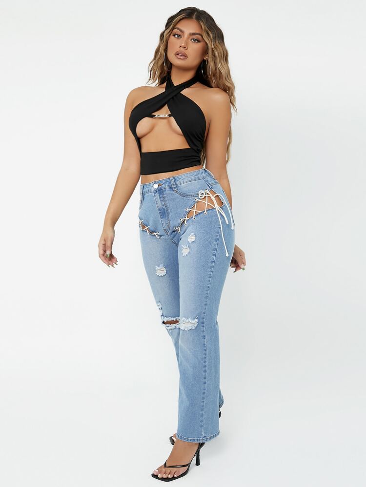 Ripped Lace Up Straight Leg Jeans