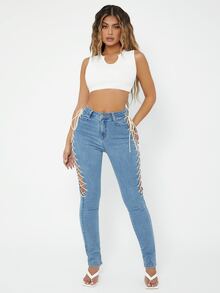 SHEIN SXY Jeans de talle alto con cordón lateral - Lavado ligero - Ver 3