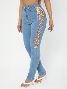 SHEIN SXY Jeans de talle alto con cordón lateral - Lavado ligero - Ver 4