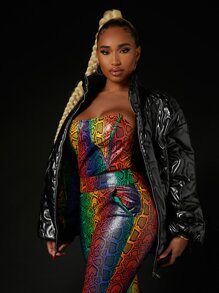 SHEIN SXY Áo khoác nữ Dây kéo màu trơn Hấp dẫn - màu đen - Xem 3