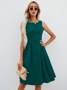 SHEIN LUNE Đầm Dây kéo màu trơn Thanh lịch - Màu xanh ngọc - Xem 1