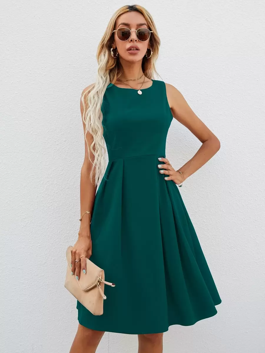 SHEIN LUNE Đầm Dây kéo màu trơn Thanh lịch - Màu xanh ngọc - Xem 1