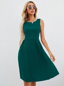 SHEIN LUNE Đầm Dây kéo màu trơn Thanh lịch - Màu xanh ngọc - Xem 4