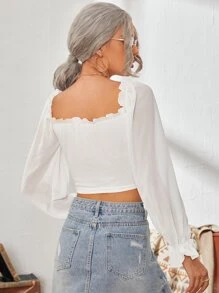 SHEIN Frenchy Áo nữ viền lá sen Xù Thắt nơ trước Nếp gấp Phần Ngực màu trơn Boho - trắng - Xem 2