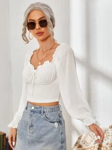 SHEIN Frenchy Áo nữ viền lá sen Xù Thắt nơ trước Nếp gấp Phần Ngực màu trơn Boho - trắng - Xem 3